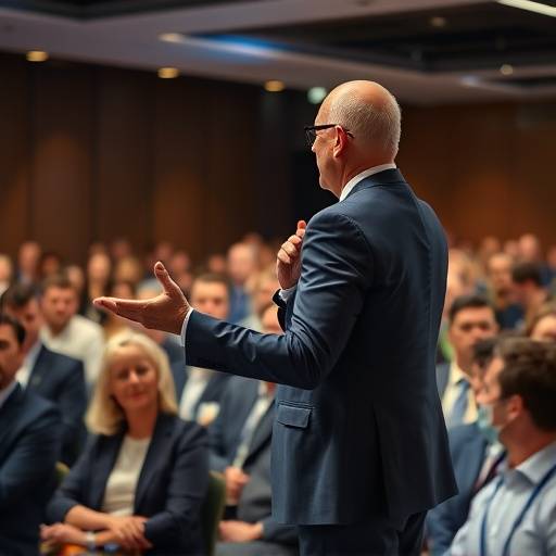 A dynamic shot of a speaker delivering a keynote address at a business conference. The speaker is gesturing emphatically, and the audience is attentively listening, creating a sense of engagement and excitement.