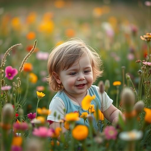 A whimsical portrait of a young child playing in a field of wildflowers. The soft focus and vibrant colors create a dreamlike and enchanting atmosphere.