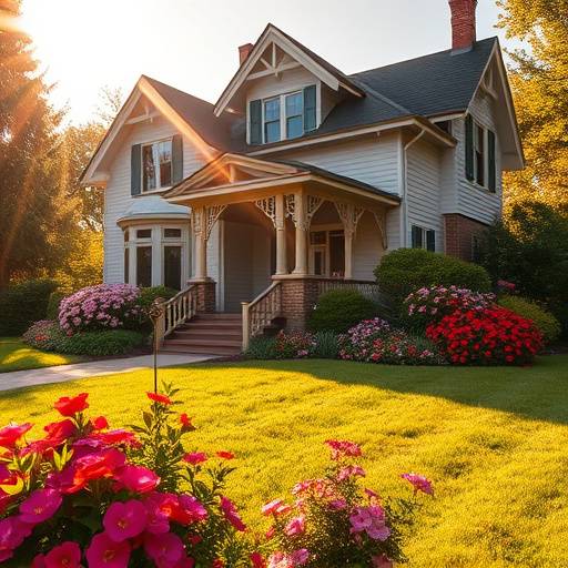 An exterior shot of a charming Victorian house with a well-manicured lawn and colorful flower beds. The house is bathed in golden sunlight, creating a welcoming and inviting image.
