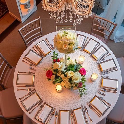 Overhead shot of a wedding reception table setting adorned with elegant floral arrangements, crystal glassware, and shimmering candlelight, creating a sophisticated ambiance.