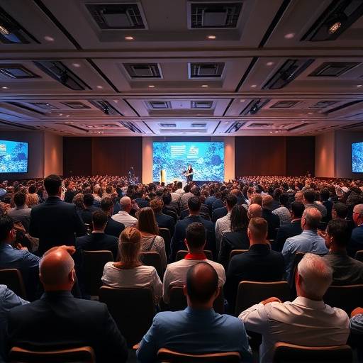 Panoramic view of a packed conference room with attendees listening intently to a speaker on stage during an industry summit, highlighting the scale and engagement of the event.
